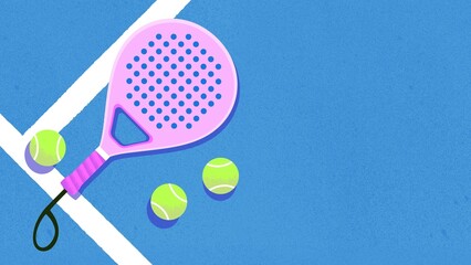 Top view of paddle tennis racket and balls on empty court