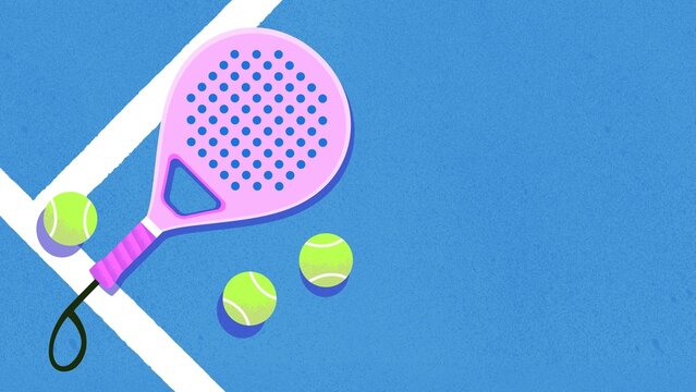 Top view of paddle tennis racket and balls on empty court