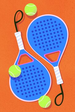 Top view of paddle tennis rackets and balls on empty court