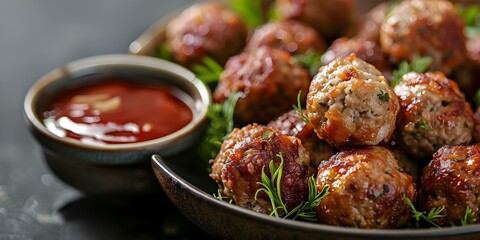 Savory Meatball Appetizers with Dipping Sauce: Ideal for Party Sharing. Concept Appetizer Recipes, Meatball Dishes, Party Food Ideas, Dip Recipes, Crowd-Pleasing Snacks