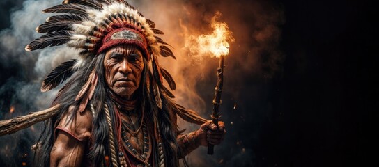 Obraz premium Guardian of Wisdom: The Legacy of Authority, Indian Chief and His Symbolic Feathers Holding a Torch Maintaining Sacred Tradition. Black Background - Copy Space.