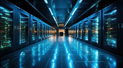 An impressive and futuristic data center with rows of servers and blue LED lighting, representing high technology and information