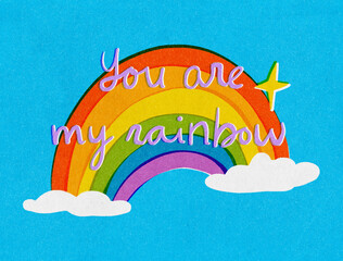 Rainbow with love quote.  Colorful retro risograph