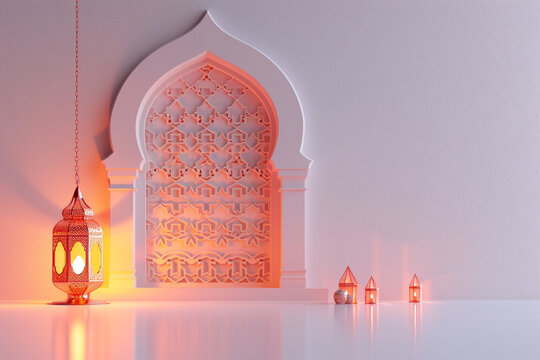 Islamic greeting Eid Mubarak cards for Muslim Holidays. Eid-Ul-Adha festival celebration.Arabic Ramadan Lantern with mosque on background. Decoration lamp AI Generative