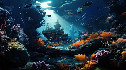 An enchanting underwater scene with vivid corals, marine life, and a sunken ship illuminated by sunbeams from above