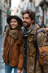 Fototapeta premium Young Caucasian couple smiling and walking along the street together with backpacks in Europe.