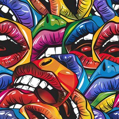 Pop art LGBTQ lips and slogans, seamless pattern, illustration, bright and bold colors, capturing the expressive and dynamic nature of the LGBTQ community