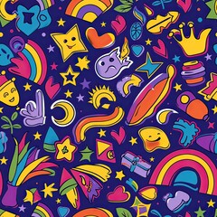 Pop art-inspired pride icons and comic elements, seamless pattern, illustration, bold and bright colors, capturing the fun and dynamic spirit of the LGBTQ community