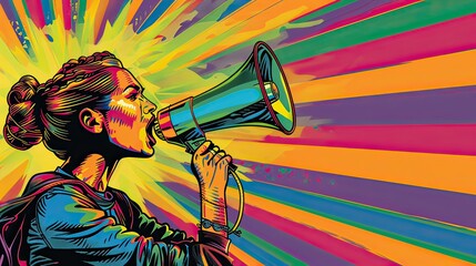 LGBTQ activist with a megaphone, comic book style, pop art, bold colors, digital art, emphasizing advocacy and empowerment