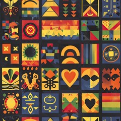 LGBTQ pride symbols with tribal patterns, seamless pattern, illustration, earthy tones, representing diversity and cultural pride