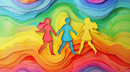LGBTQ couples holding hands, surrounded by paper cut rainbow elements, bright and cheerful, digital art