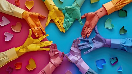 Rainbow-colored paper cut style of diverse hands forming a heart shape, celebrating LGBTQ pride, vibrant and layered