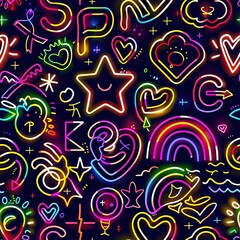 LGBTQ symbols with neon graffiti elements, seamless pattern, illustration, bold neon colors, combining street art and pride themes