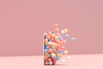 3D render of colorful balloons coming out of mobile phone