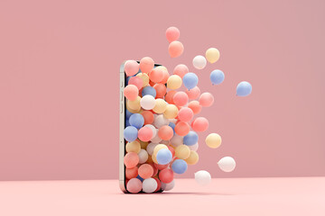 3D render of colorful balloons coming out of mobile phone