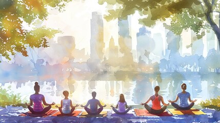 Outdoor yoga class with friends, city skyline in the background, early morning light, watercolor, fresh and serene