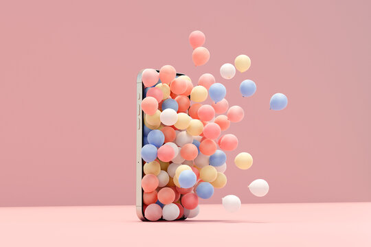 3D render of colorful balloons coming out of mobile phone