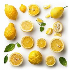 Lemon whole fruit and cut fruit in studio, isolated, white background, no shadow, no logo