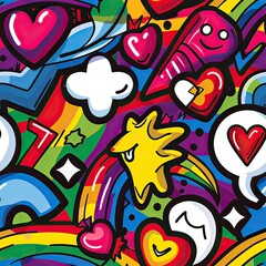Fototapeta premium Pop art-inspired pride icons and comic elements, seamless pattern, illustration, bold and bright colors, capturing the fun and dynamic spirit of the LGBTQ community