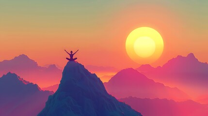 3D cartoon scene of a person doing yoga on a mountaintop, with a vibrant sunrise in the background