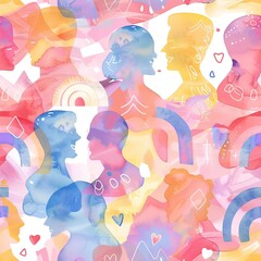 Watercolor LGBTQ icons with abstract backgrounds, seamless pattern, illustration, pastel and soft colors, creating a gentle and artistic representation of pride