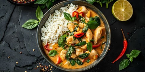 Topdown view of chicken green curry bowl with jasmine rice and basil. Concept Food Photography, Chicken Green Curry, Top-Down View, Asian Cuisine, Jasmine Rice