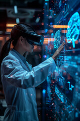 Scientists wear VR goggles on their heads and are touching a virtual holographic brain model in their office.