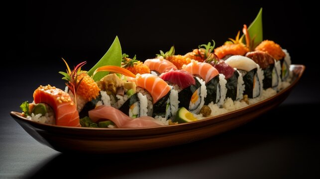 Perfectly plated sushi boat assorted rolls