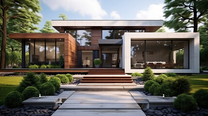 3d rendering of a modern house with garden