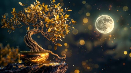Bonsai with golden leaves, glowing globe, moonlit night, opulent and peaceful, celestial garden