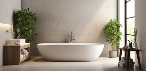 An eco-friendly minimalist bathroom features a sleek sink, pristine white bathtub, and a window offering ample natural light, creating a serene and inviting space.