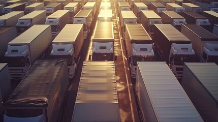 There are a lot of trucks parked near the base. Truck parking. Automotive logistics. Cargo transportation on land. Freight transport company