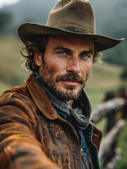 Obraz premium A rugged cowboy in a hat stands outdoors in the countryside.