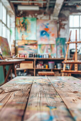 Naklejka premium A wooden table in the foreground with a blurred background of an art studio. The background includes easels with canvases, paintbrushes, palettes, colorful paintings on the walls, and shelves