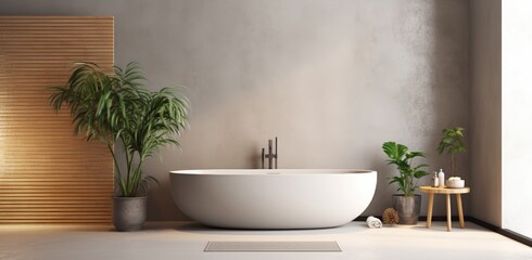 An eco-friendly minimalist bathroom features a sleek sink, pristine white bathtub, and a window offering ample natural light, creating a serene and inviting space.