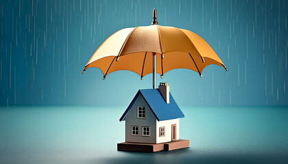A house standing under an umbrella protecting against rain, referring to home insurance and security