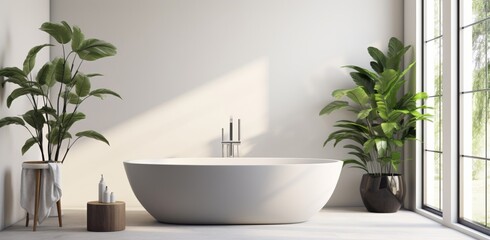 An eco-friendly minimalist bathroom features a sleek sink, pristine white bathtub, and a window offering ample natural light, creating a serene and inviting space.