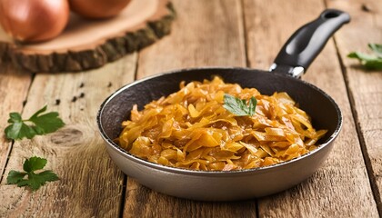Braised cabbage in a frying pan, close-up, rustic wooden background, generative AI