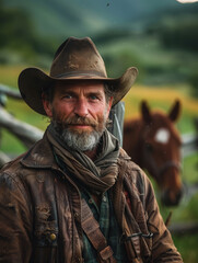 A rugged cowboy with a beard standing in front of a horse.
