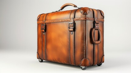 A brown leather suitcase with a gold buckle on the handle