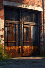 Old rusty abandoned garage gate in industrial district. Background of old warehouse door, industry style, textured wallpaper. Backdrop of grungy warehouse gate. Copy text space