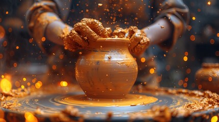 Close-up on hands crafting a clay pot on a pottery wheel with dynamic sparks flying around - Powered by Adobe