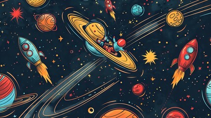 Cartoon rockets and planets in space. Rockets are red, blue and green. Planets are yellow, blue, green and red. The background is dark blue with stars.