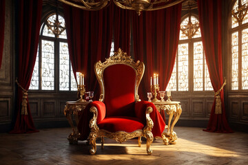 Old white and gold Royal chair with red curtains and candelabra in medieval vintage room. Throne for king in castle. Background in architecture or retro interior design. Copy space, text place