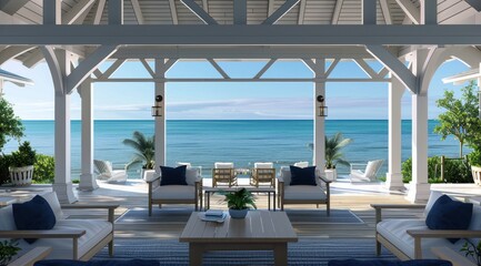 Fototapeta premium A stunning view of the ocean from an openair lounge, showcasing elegant wooden beams and white furniture with dark blue accents