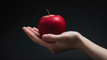 A hand holding a red apple.