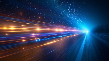 Abstract depiction of high-speed motion, with light streaks zooming past on a dark simulated roadway under a night sky