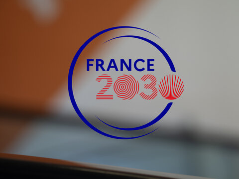 May 22th 2024, logo France 2024 on a hobby's window, France2030 emblem on a glass in a building hall.