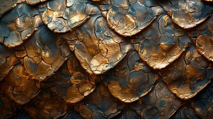 A highly detailed close-up image of what resembles golden dragon scales with a textured metallic...
