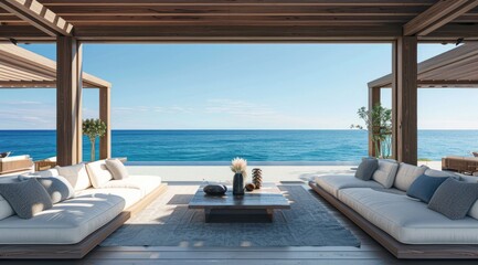 Fototapeta premium A stunning view of the ocean from an openair lounge, showcasing elegant wooden beams and white furniture with dark blue accents